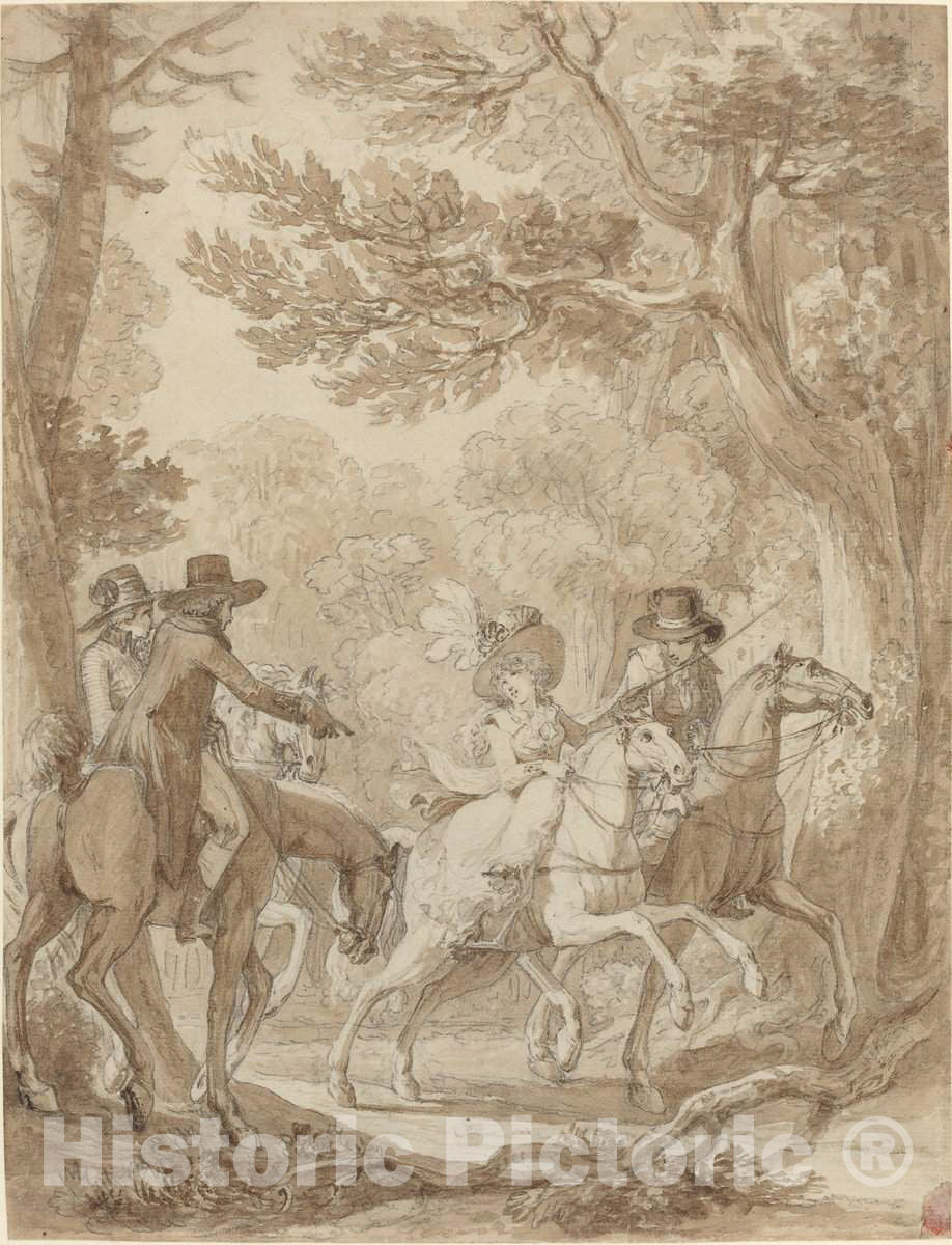 Art Print : Michel Moreau, Lady and Gentlemen Riding in a Park - Vintage Wall Art