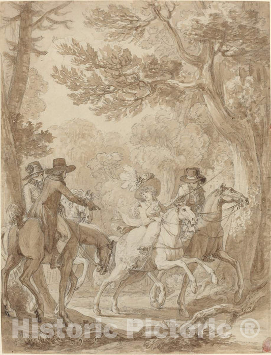 Art Print : Michel Moreau, Lady and Gentlemen Riding in a Park - Vintage Wall Art