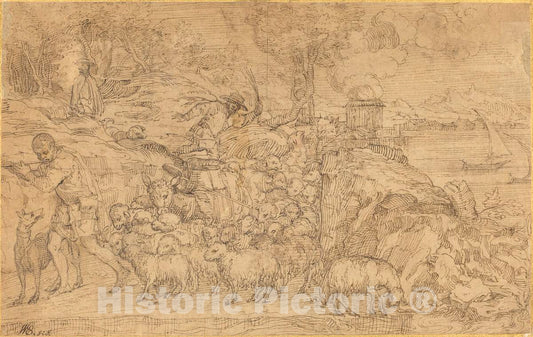 Art Print : Domenico Campagnola, Shepherd Playing a Flute and Leading His Flock - Vintage Wall Art