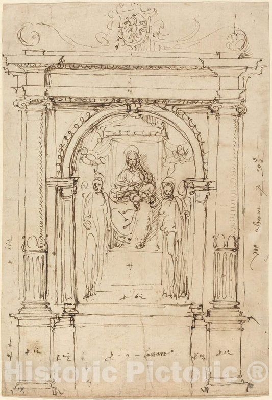 Art Print : Perino del Vaga, Altarpiece of The Madonna and Child with Saints, in Its Architectural Setting, c.1533 - Vintage Wall Art
