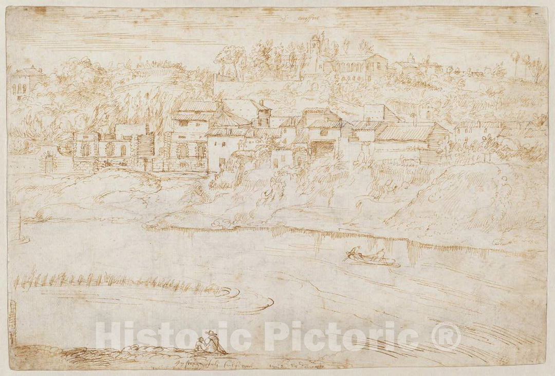 Art Print : Antonie Van den Wyngaerde, View of The Janiculum Hill Seen from The Tiber (Recto), 1553 - Vintage Wall Art