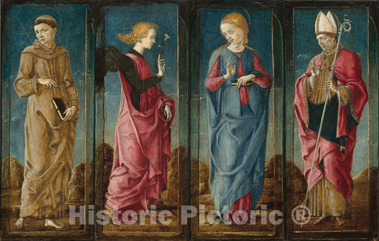 Art Print : CosmÃ¨ Tura, The Annunciation with Saint Francis and Saint Louis of Toulouse [Four Panels], c.1475 - Vintage Wall Art