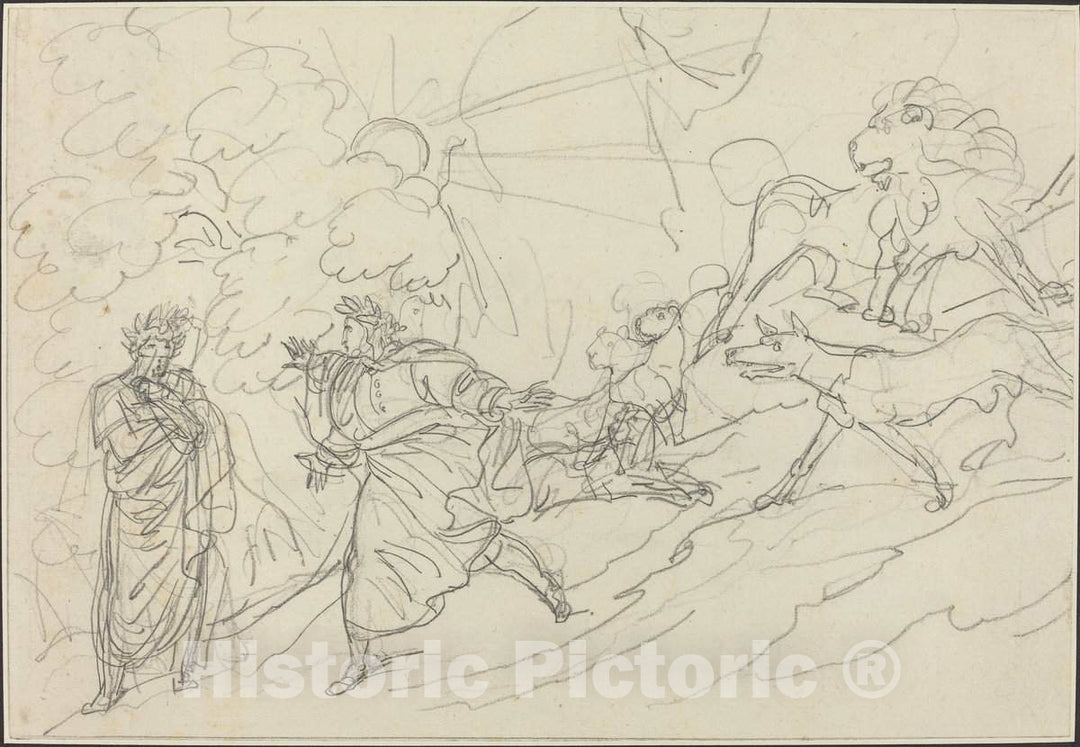 Art Print : Bartolomeo Pinelli, Dante Flees The Wild Beasts and Meets Virgil, 1824 - Vintage Wall Art