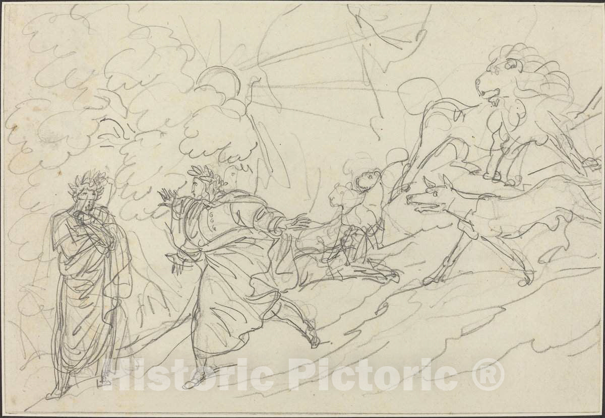 Art Print : Bartolomeo Pinelli, Dante Flees The Wild Beasts and Meets Virgil, 1824 - Vintage Wall Art