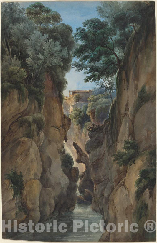 Art Print : Achille-Etna Michallon, View of a Waterfall Through a Ravine - Vintage Wall Art