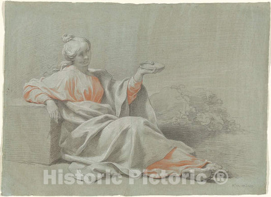 Art Print : Johann Justin Preissler, Young Woman with a Bowl, Seated Outdoors, 1733 - Vintage Wall Art