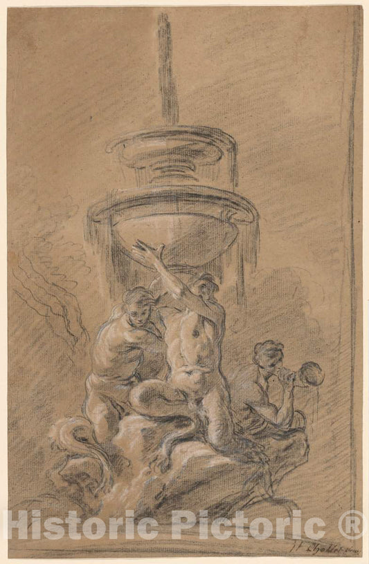 Art Print : Joseph Ignace FranÃ§ois Parrocel, A Fountain with Three Tritons, 1740s(?) - Vintage Wall Art