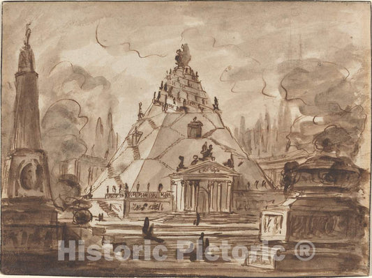 Art Print : Charles Michel-Ange Challe, Architectural Fantasy with a Pyramidal Mausoleum, c. 1747 - Vintage Wall Art