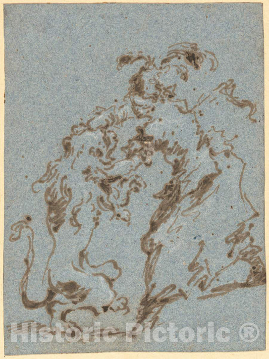 Art Print : Francesco Guardi, an Elegantly Dressed Woman Struggling with a Lion, 1782 - Vintage Wall Art