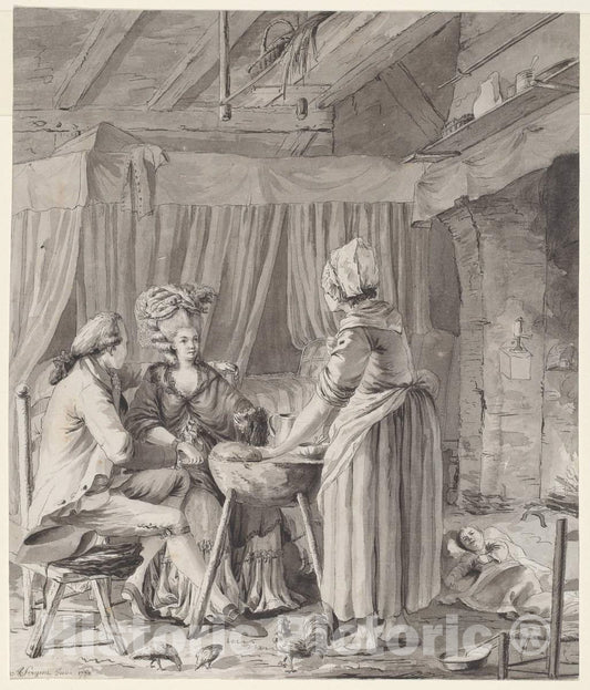 Art Print : Antoine-FranÃ§ois Sergent, Elegant Couple Lunching in a Country Cottage, 1778 - Vintage Wall Art