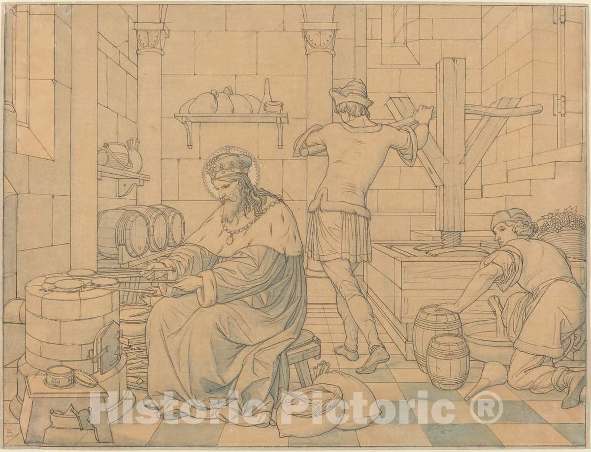 Art Print : Edward Jakob von Steinle, Saint Wenzel Cooking Hosts as Two Youths Press Wine, 1866 - Vintage Wall Art