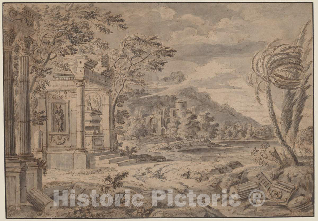Art Print : Johann Franciscus Ermels, Antique Ruins Along a Mountain Coast, 1670s - Vintage Wall Art