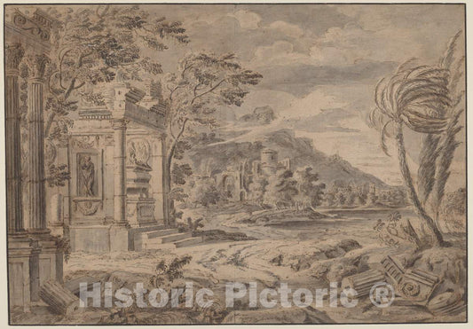 Art Print : Johann Franciscus Ermels, Antique Ruins Along a Mountain Coast, 1670s - Vintage Wall Art