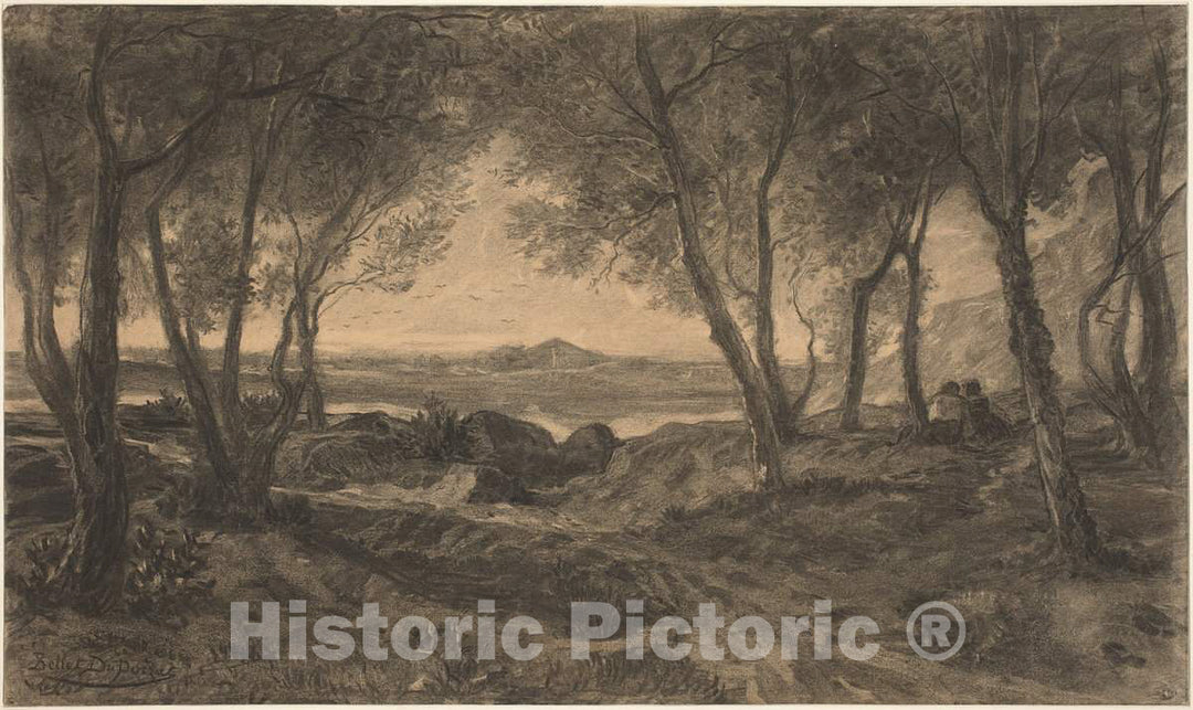 Art Print : Alfred Bellet du Poisat, A Couple Seated Among Trees Above a Lake, c. 1870 - Vintage Wall Art