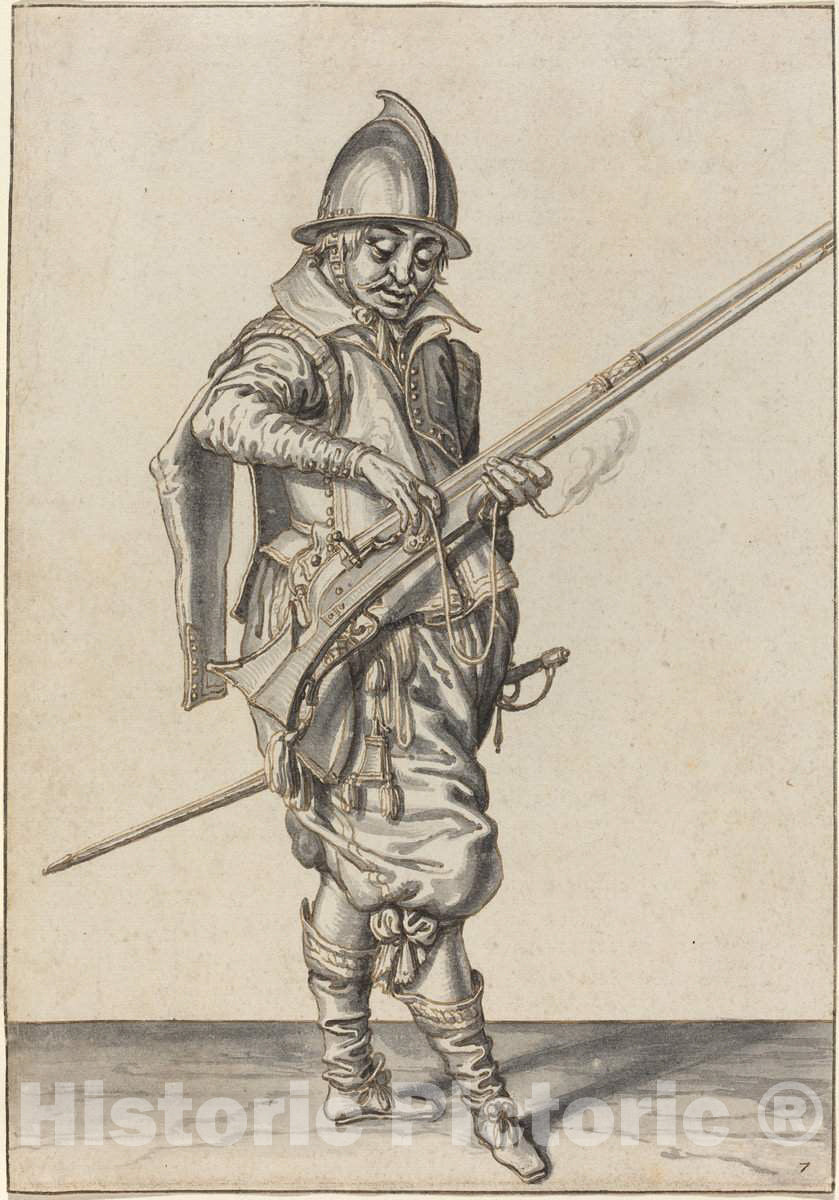 Art Print : Jacques de Gheyn II, Elegantly Dressed Soldier Preparing to Fire His Caliver, c. 1597 - Vintage Wall Art