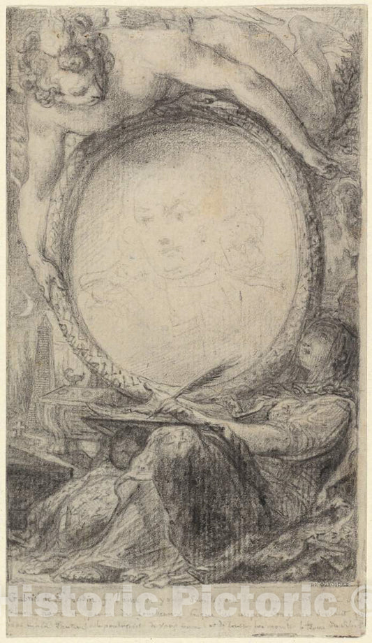 Art Print : Gabriel Jacques de Saint-Aubin, Allegorical Frame with a Genius and a Veiled Woman Writing, c. 1769 - Vintage Wall Art