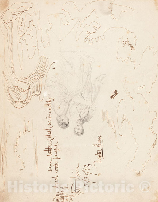 Art Print : Walter Crane, Sketch of a Couple Seated with Cloud Studies [Verso], 1863 - Vintage Wall Art