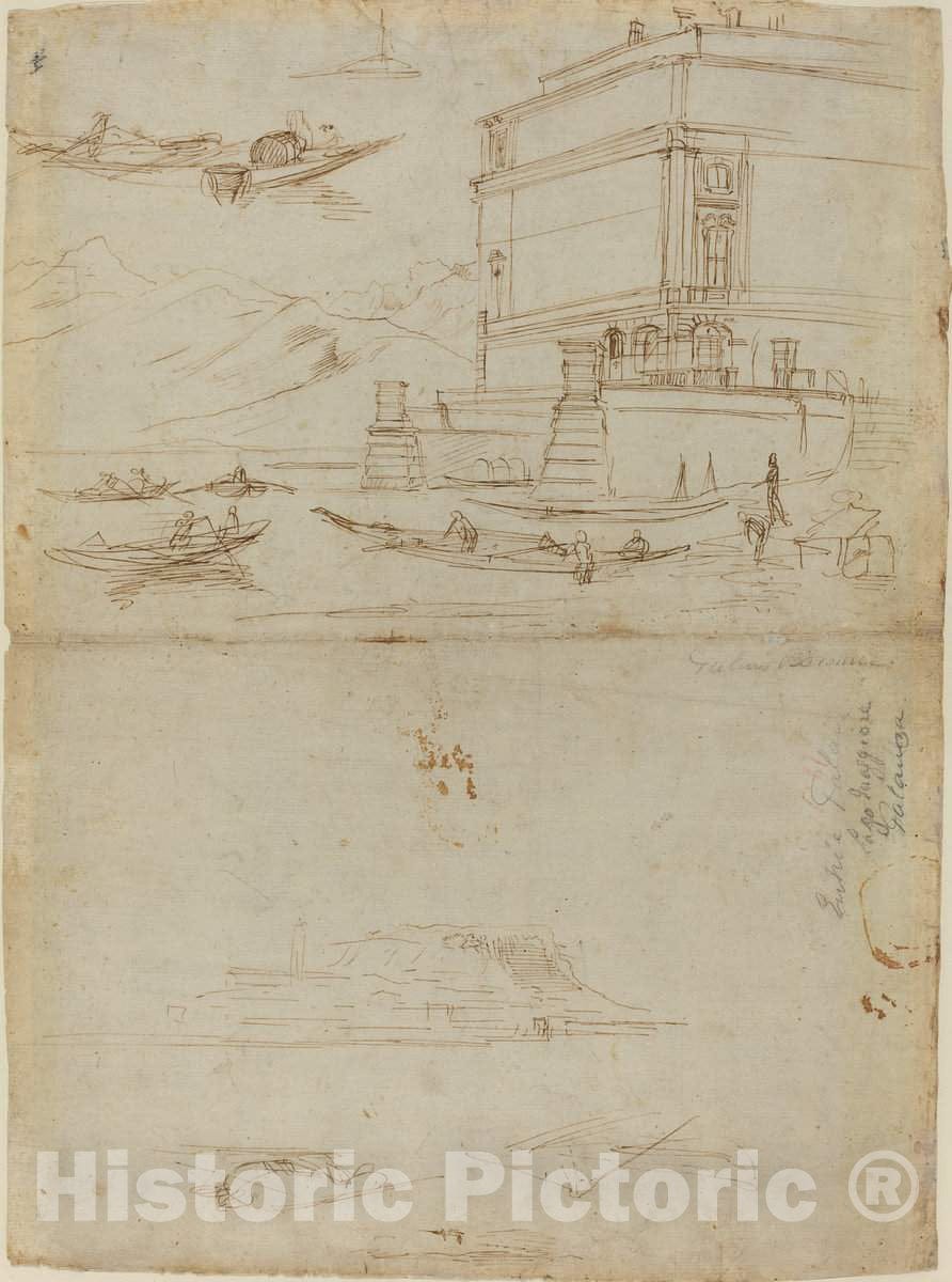 Art Print : Gaspar Van Wittel, Studies of Lago Maggiore and and The Entrance to a Palazzo, c. 1700 - Vintage Wall Art