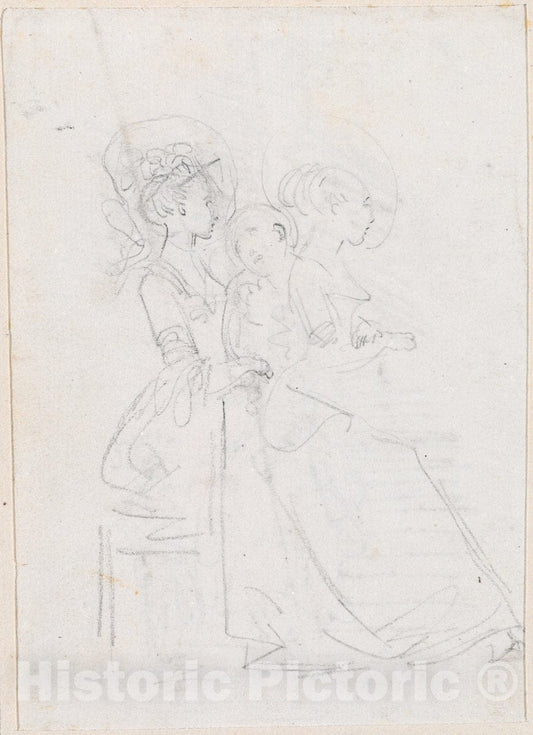 Art Print : Hubert Robert, Two Seated Women with Male Figure Between Them [Verso], c.1760 - Vintage Wall Art