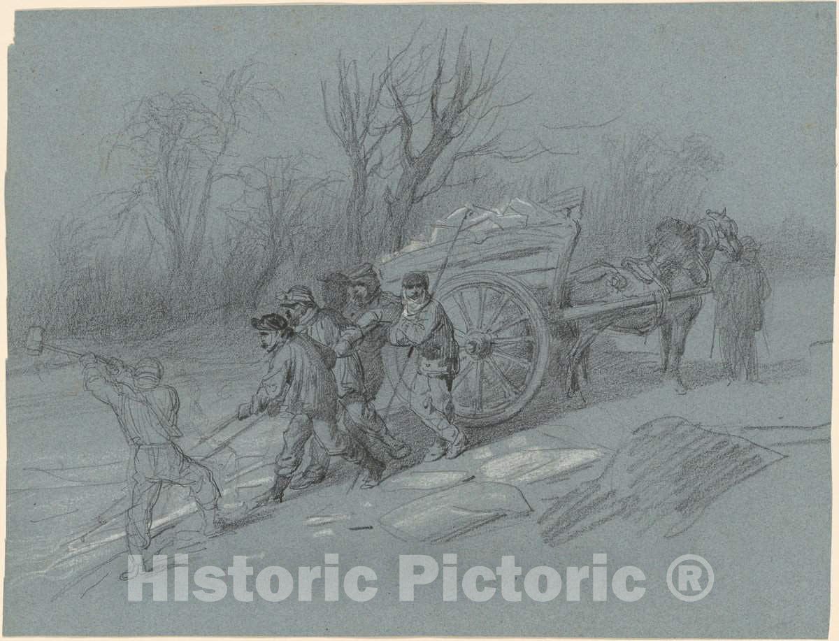 Art Print : Hippolyte Lalaisse, Workmen Gathering Ice at The Water's Edge, c. 1850 - Vintage Wall Art