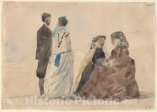 Art Print : EugÃ¨ne Boudin, Two Ladies Seated and a Couple Walking on The Beach, c. 1866 - Vintage Wall Art