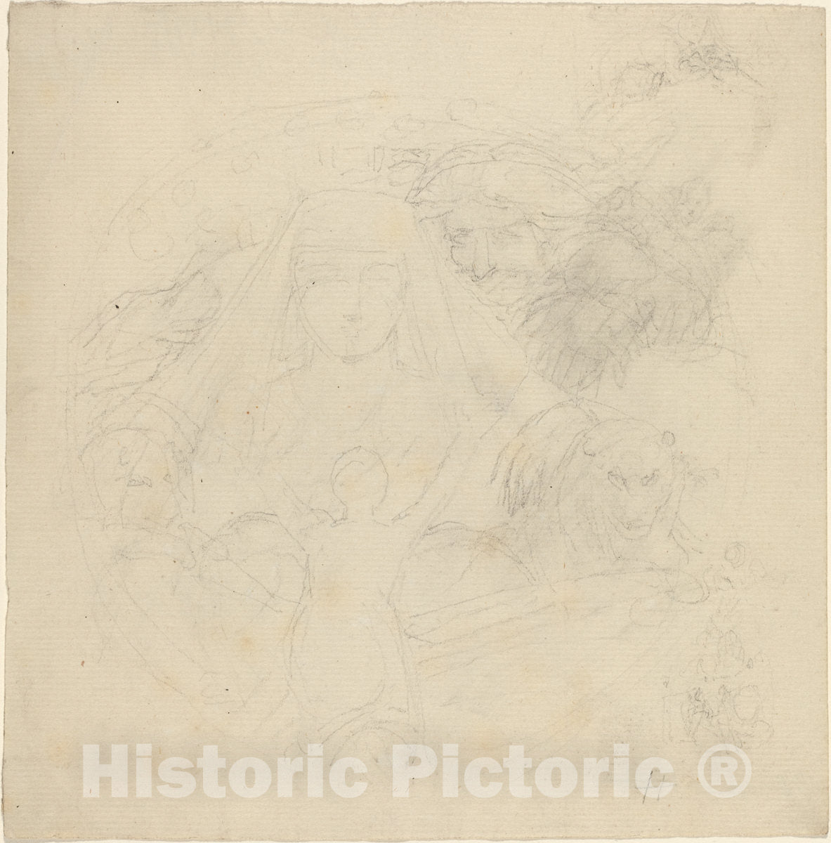 Art Print : John Flaxman, Figure Seen from Behind Praying to an Apparition of a Head with Lions Below - Vintage Wall Art