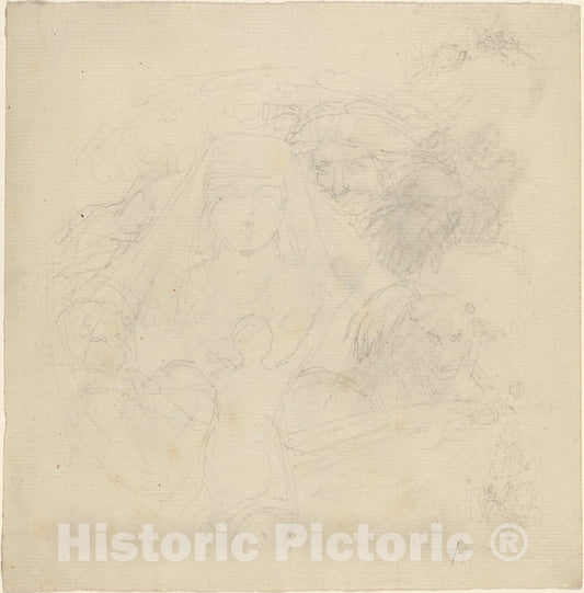 Art Print : John Flaxman, Figure Seen from Behind Praying to an Apparition of a Head with Lions Below - Vintage Wall Art