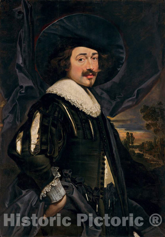 Art Print : Jan Cossiers, Portrait of a Man in a Wide-Brimmed Hat, 1630s - Vintage Wall Art