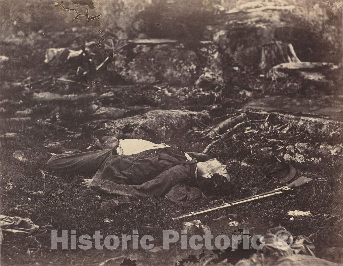 Art Print : Gardner, A Sharpshooter's Last Sleep, Gettysburg, Pennsylvania, July 1863, 1863 - Vintage Wall Art