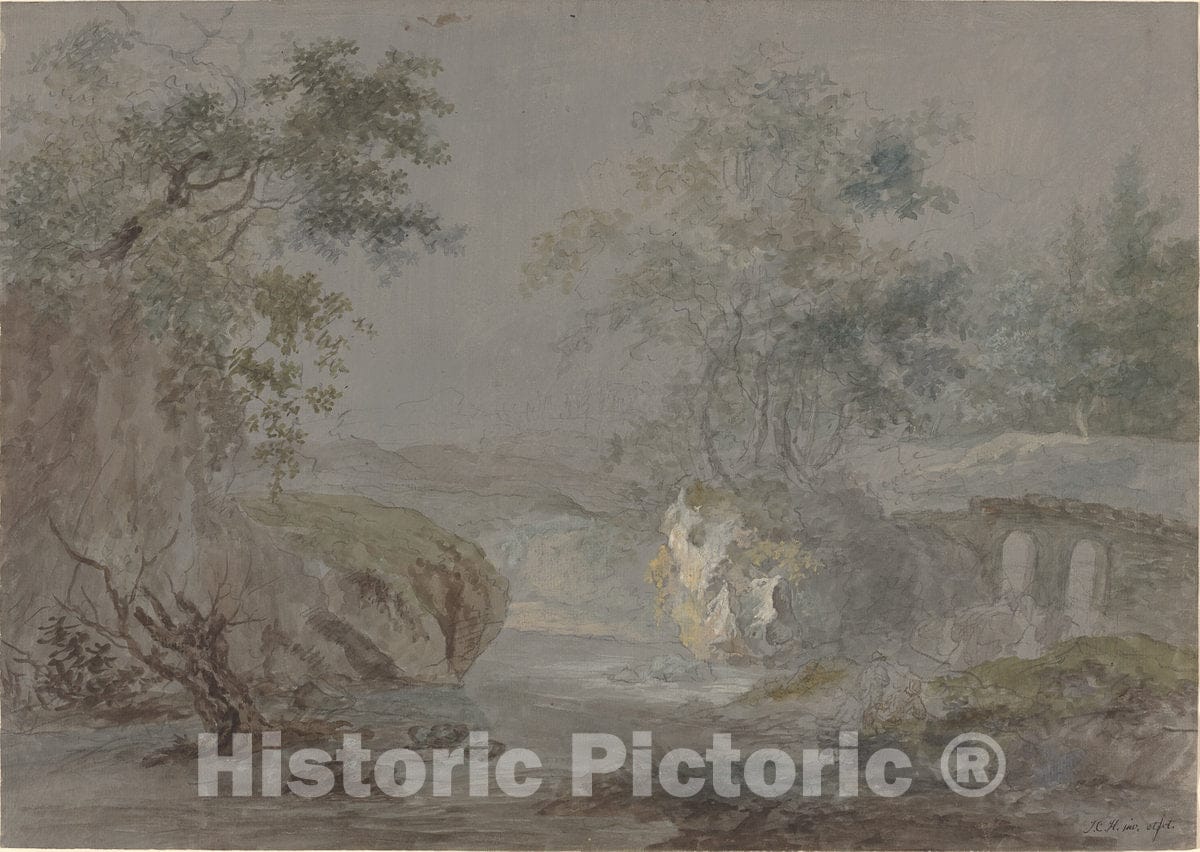 Art Print : Johann Caspar Huber, Wooded Cliffs Along a Riverbank, 1796 - Vintage Wall Art