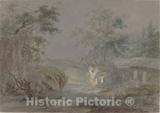 Art Print : Johann Caspar Huber, Wooded Cliffs Along a Riverbank, 1796 - Vintage Wall Art