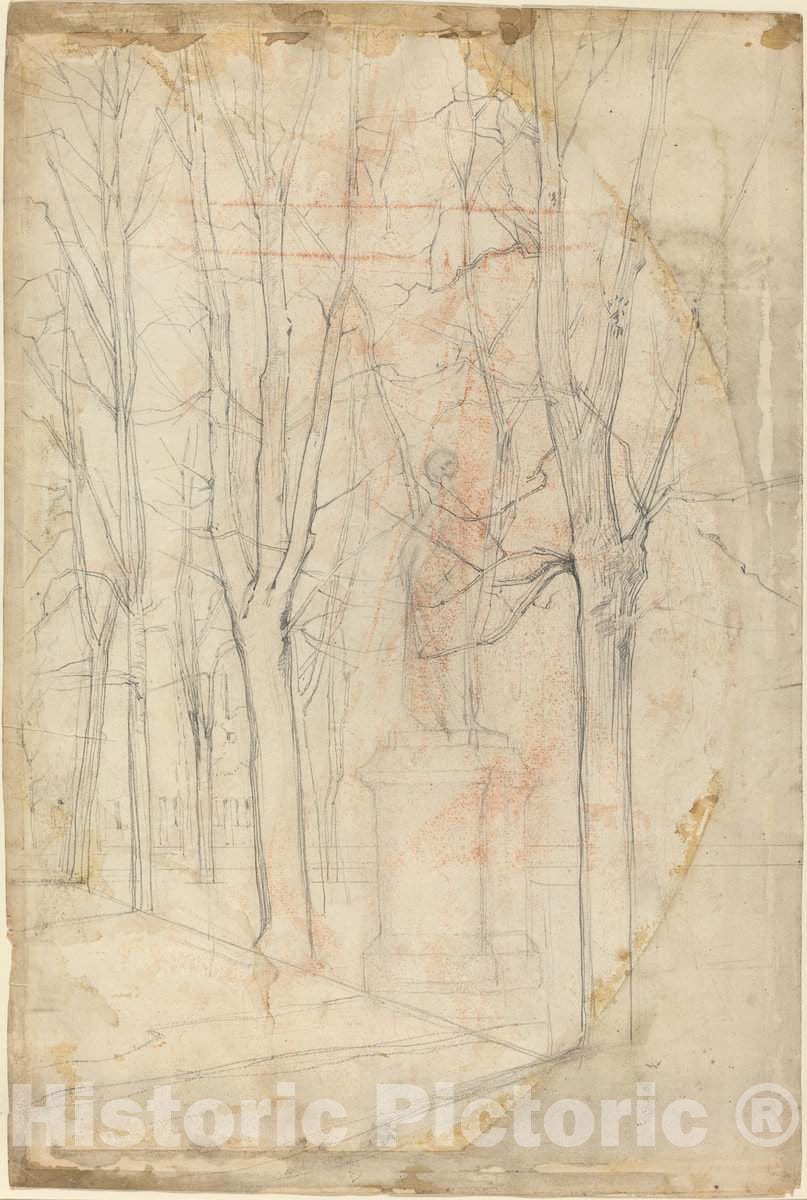 Art Print : FÃ©lix-Hilaire Buhot, Sketch of Trees with a Statue on a Pedestal - Vintage Wall Art