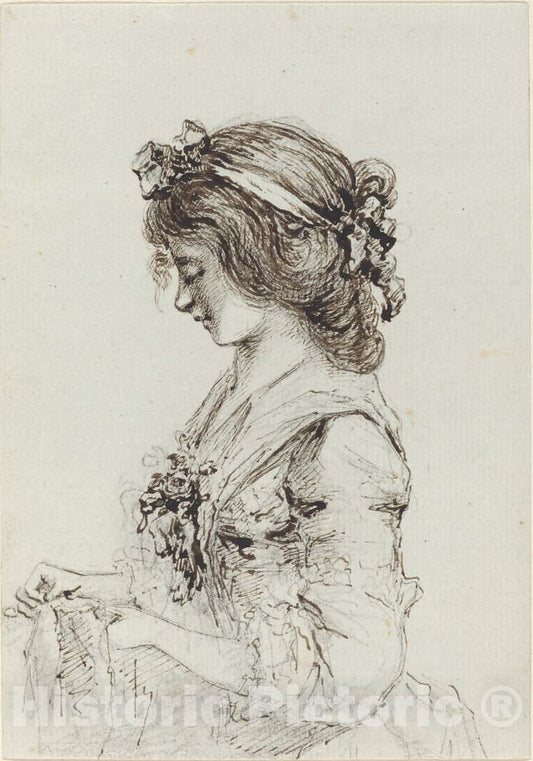 Art Print : Vivant Denon, A Young Woman Sewing [Recto], c. 1790 - Vintage Wall Art