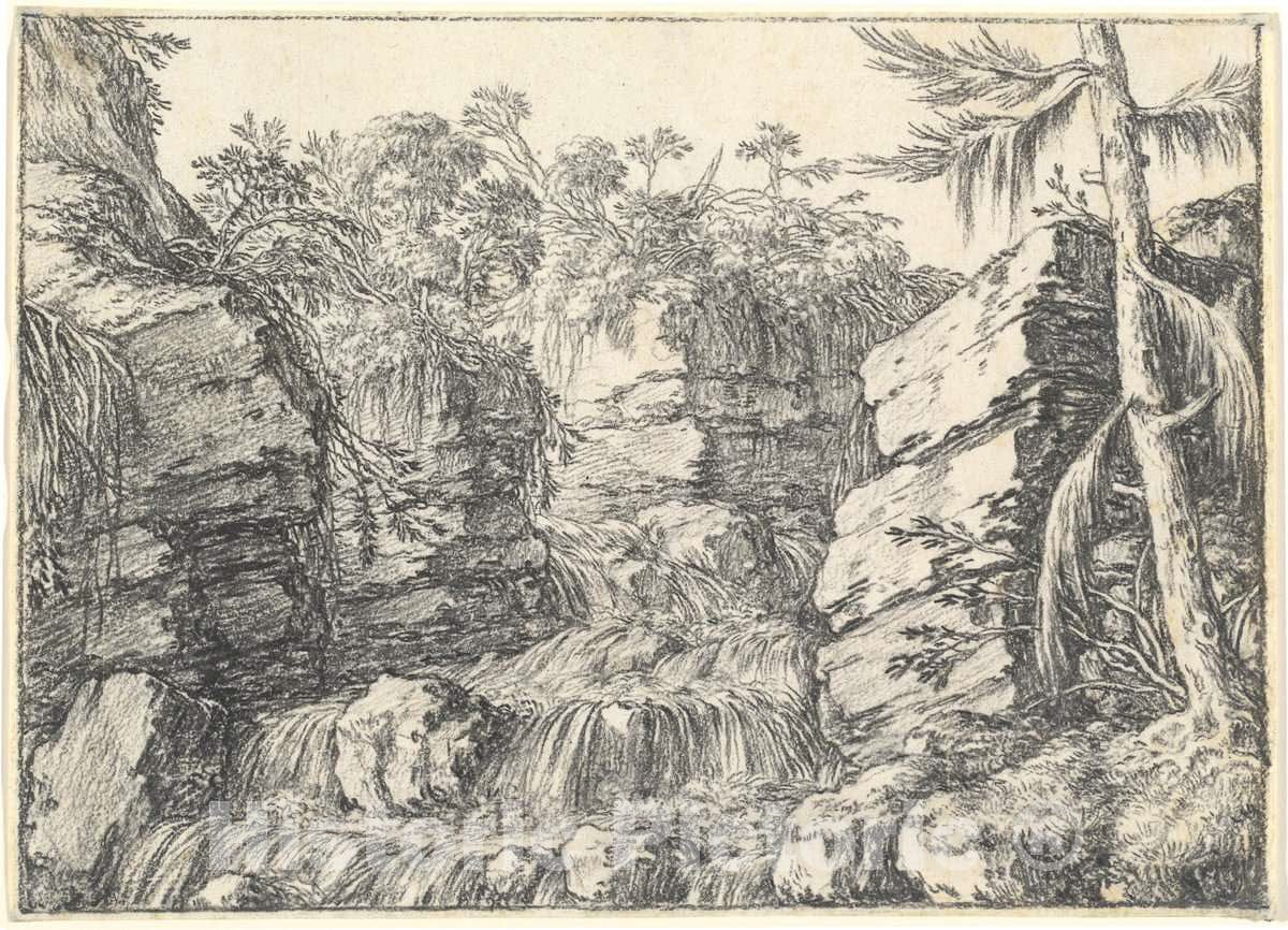 Art Print : Jonas Umbach, A Waterfall Between Rocky Cliffs - Vintage Wall Art