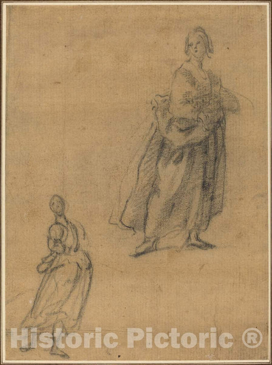 Art Print : Two Studies of a Standing Woman, 17th Century - Vintage Wall Art