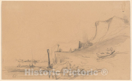 Art Print : EugÃ¨ne Isabey, A Coast Road with Cliffs in The North of France, c.1830 - Vintage Wall Art