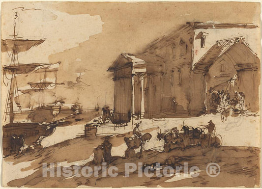 Art Print : Giuseppe Bernardino Bison, Capriccio of a Port Scene - Vintage Wall Art