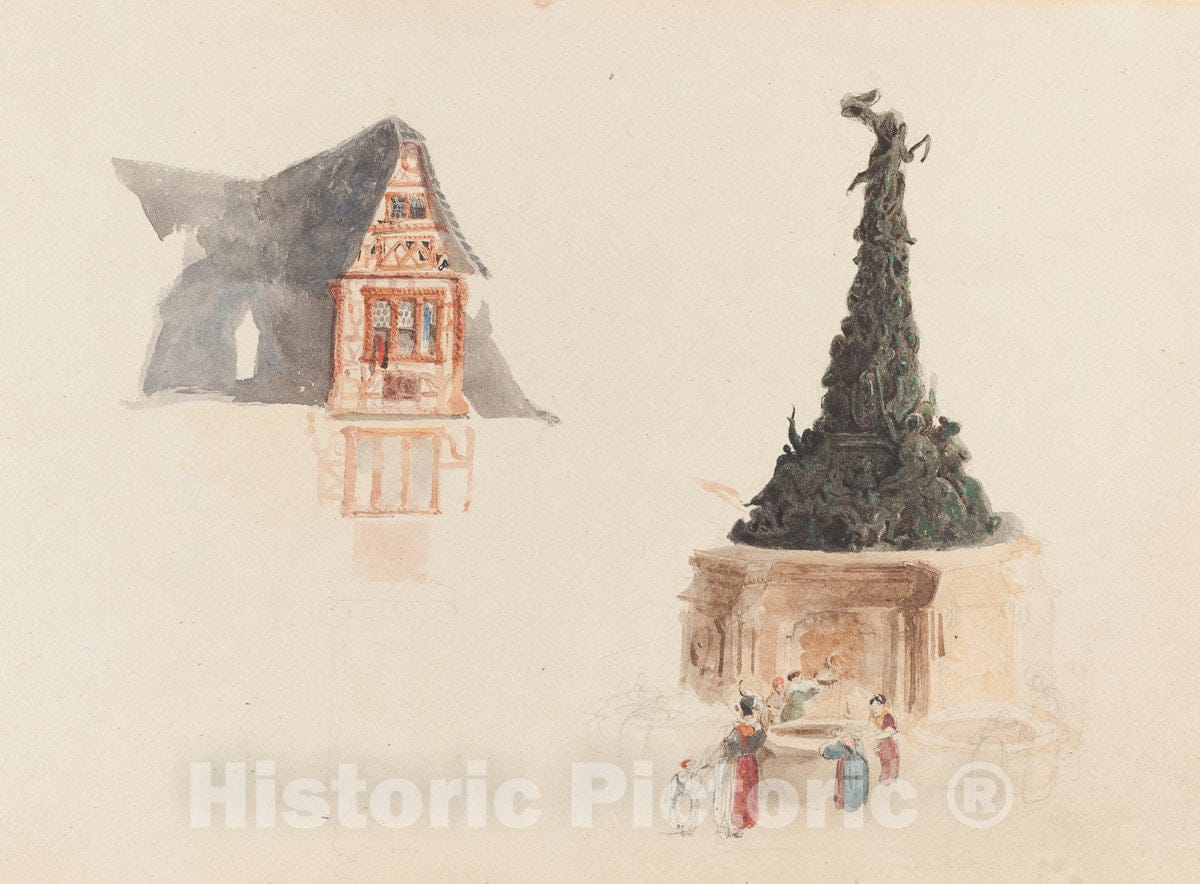 Art Print : John Skinner Prout, A Fountain and a Facade in Austria - Vintage Wall Art
