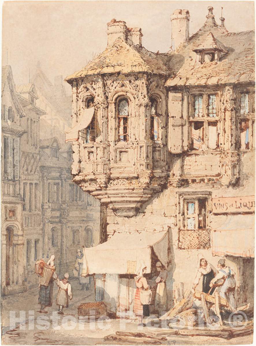 Art Print : Samuel Prout, French Street Scene with a Medieval Turret - Vintage Wall Art