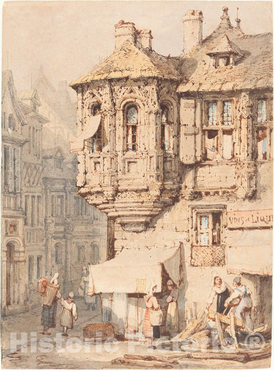 Art Print : Samuel Prout, French Street Scene with a Medieval Turret - Vintage Wall Art