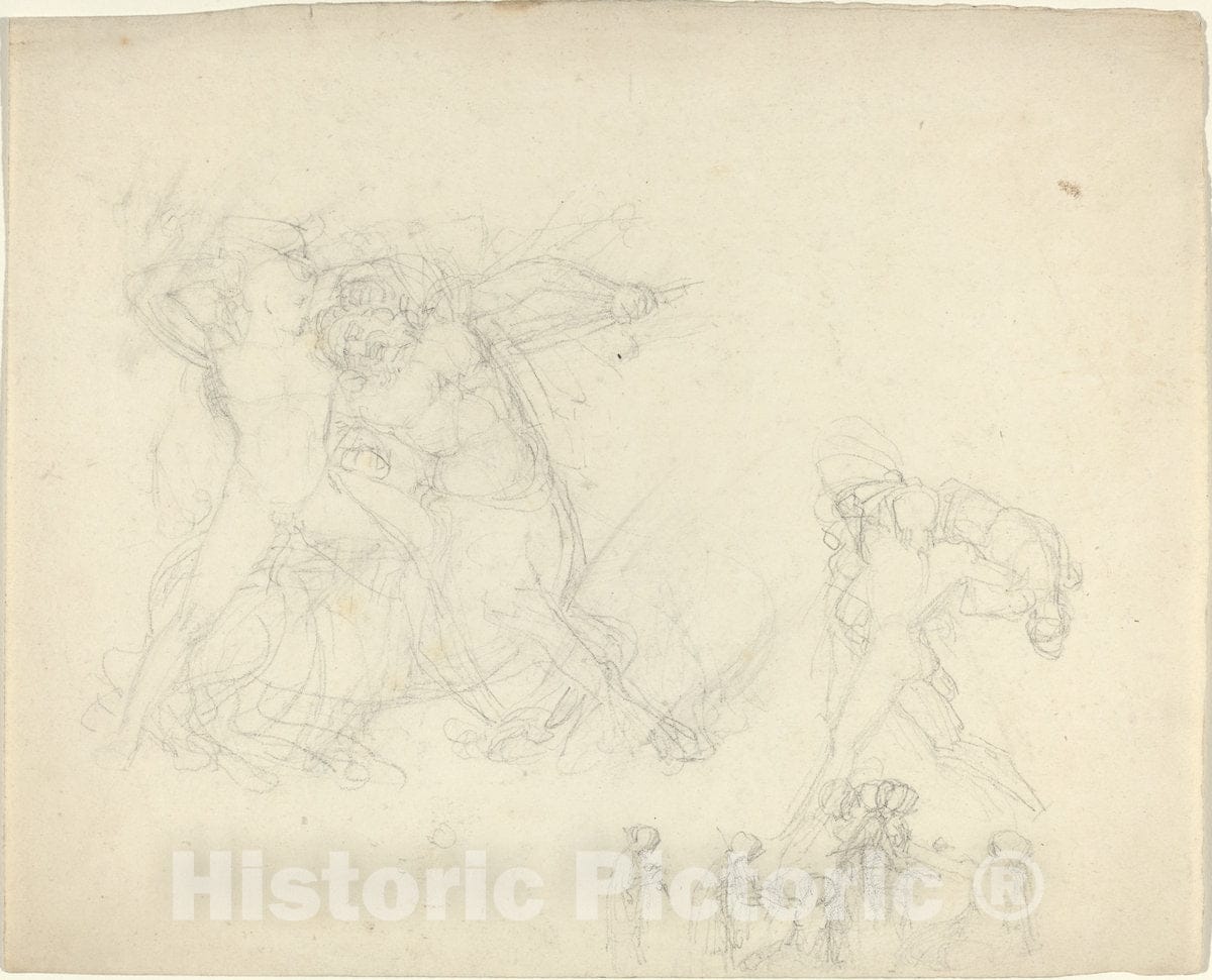 Art Print : John Flaxman, Sheet of Studies, Including a Man Battling a Centaur - Vintage Wall Art