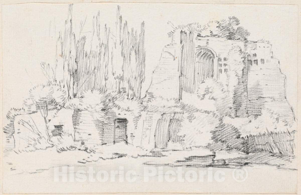Art Print : Joseph-Marie Vien, Roman Ruins with a Stand of Cypresses, c.1747 - Vintage Wall Art