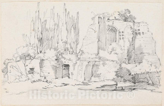 Art Print : Joseph-Marie Vien, Roman Ruins with a Stand of Cypresses, c.1747 - Vintage Wall Art