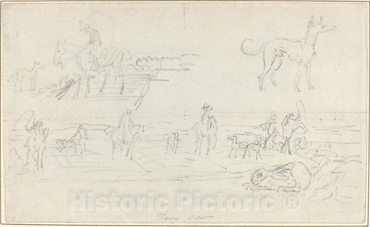 Art Print : James Seymour, Huntsmen with Hounds and a Crouching Hare [Recto] - Vintage Wall Art