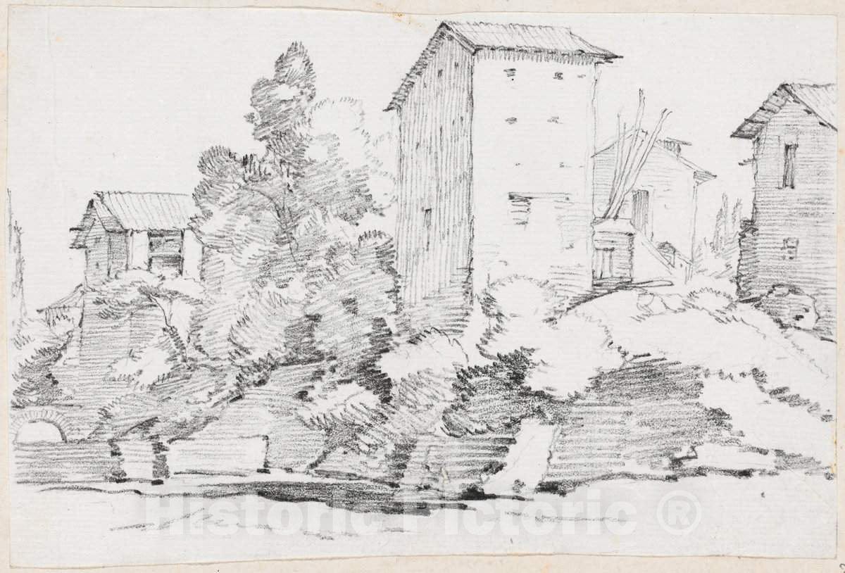 Art Print : Joseph-Marie Vien, Italian Farm Buildings by a Stream, c.1747 - Vintage Wall Art