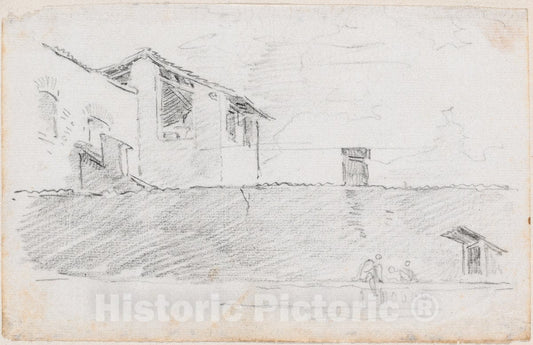 Art Print : Hubert Robert, Housetops Behind a Wall, c.1760 - Vintage Wall Art