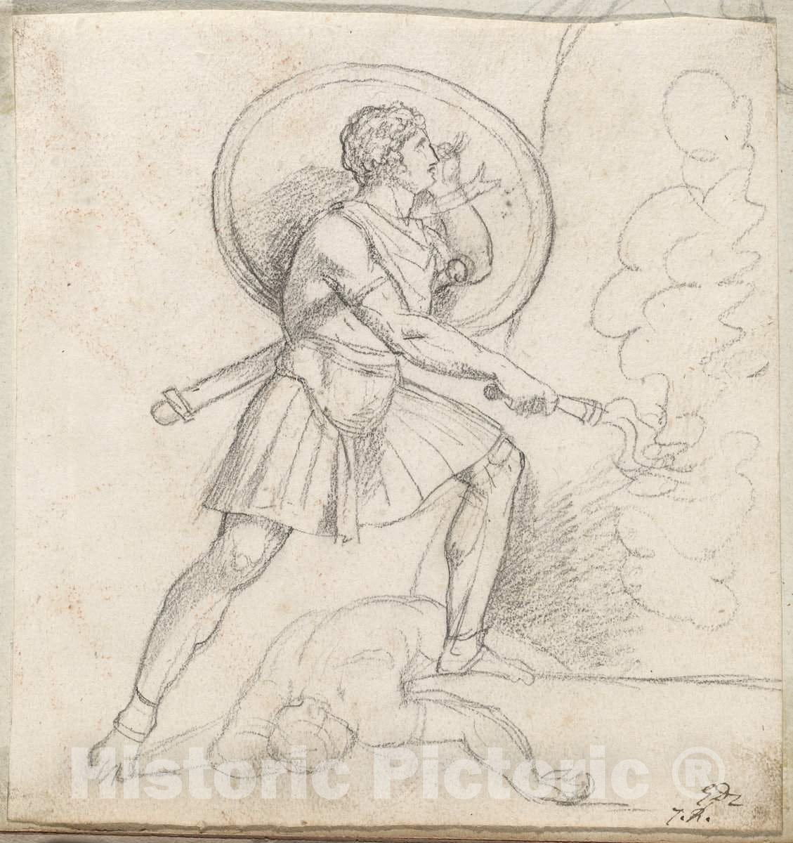 Art Print : Jacques-Louis David, Warrior with a Shield and Torch, c.1775 - Vintage Wall Art