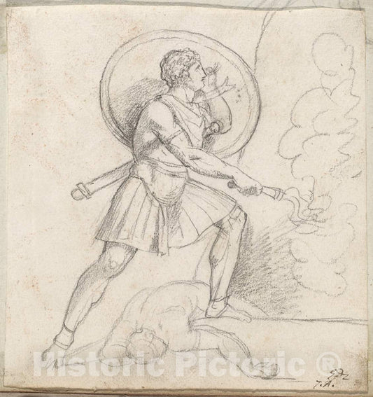 Art Print : Jacques-Louis David, Warrior with a Shield and Torch, c.1775 - Vintage Wall Art