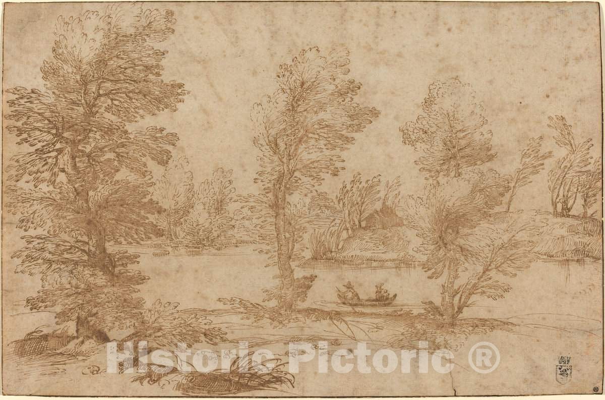 Art Print : Agostino Carracci, Woodland River with a Boat, c. 1590 - Vintage Wall Art