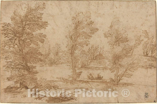 Art Print : Agostino Carracci, Woodland River with a Boat, c. 1590 - Vintage Wall Art